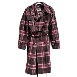 Liz Claiborne Pink Plaid Trench Coat Thick Winter Jacket Y2K Belted Wool Cute XL